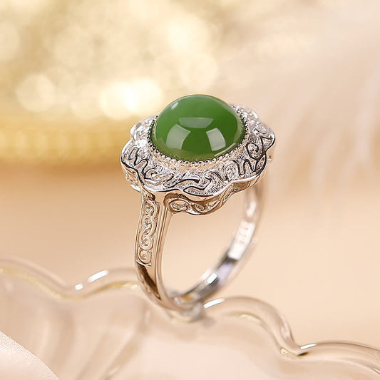 Jade  925 Sterling Silver Hetian Cyan Jade Flower Design Luck Adjustable Ring