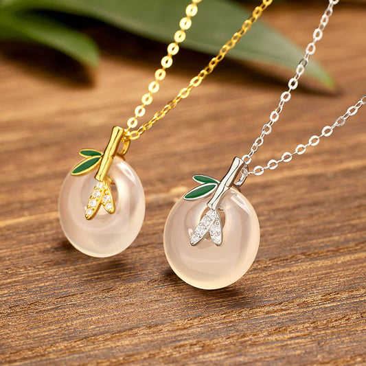 Jade  925 Sterling Silver Natural Chalcedony Bamboo Leaf Peace Buckle Positive Necklace Pendant