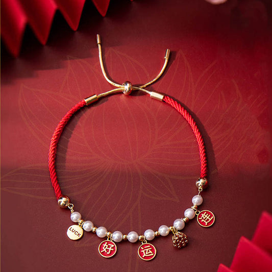 Ancient Tibetan Buddhist Red String Tradition  Good Luck Pearl Lotus Charm Braided Red Rope Bracelet