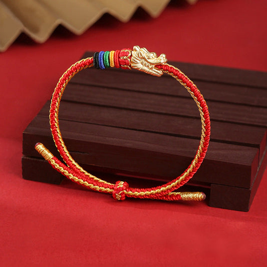 Altes tibetisch-buddhistisches Armband aus rotem Seil, 999er Sterlingsilber, Glücksbringer im Jahr des Drachen 