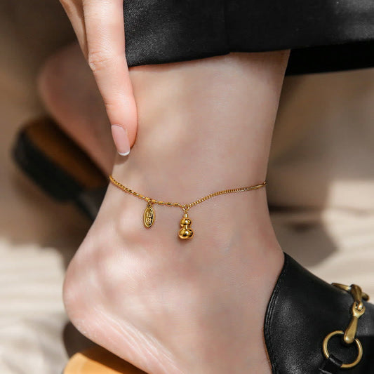 Spiritualität Buddha Karma 18k Gold Glückskürbis-Design Wohlstandsschnalle Fußkettchen 