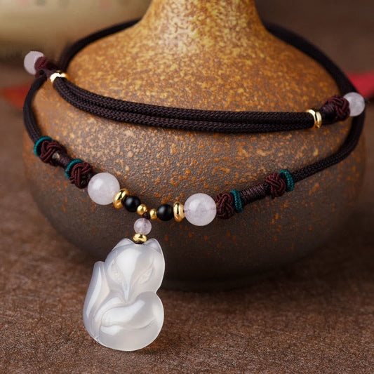 Jade  Chalcedony Fox Pink Crystal Bead Harmony String Necklace Pendant