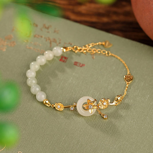 Jade  925 Sterling Silver Hetian Jade Peace Buckle Lotus Luck Chain Bracelet