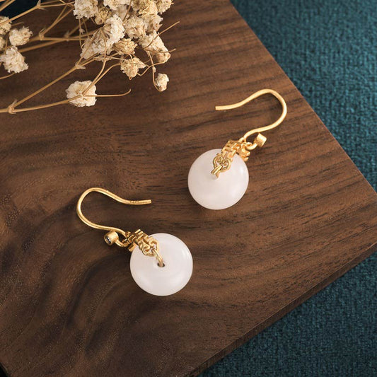 Jade  White Jade Double Happiness Fortune Earrings