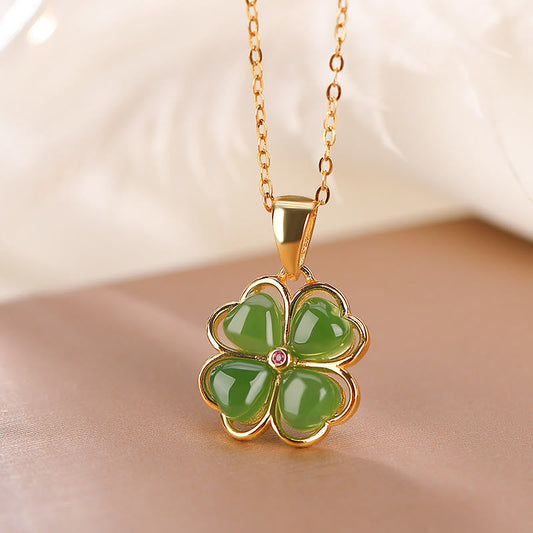 Jade  925 Sterling Silver Hetian Cyan Jade Lucky Four Leaf Clover Healing Necklace Pendant