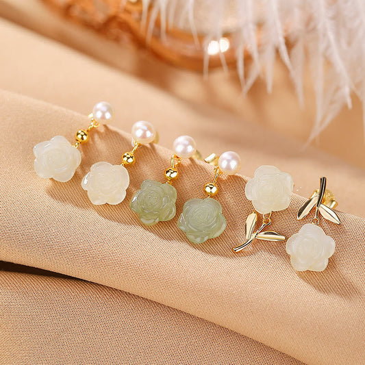 Jade  925 Sterling Silver Plated Gold Jade Rose Flower Cyan Jade Pearl Luck Earrings