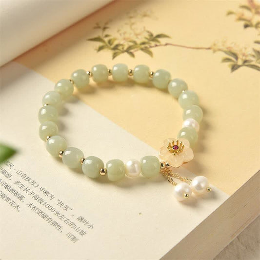 Jade  Hetian Jade Flower Pearl Happiness Abundance Bracelet