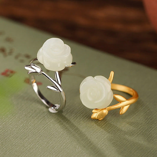 Bague en jade blanc Hetian, ornée d'une rose, en argent sterling 925 plaqué or et d'une fleur de rose. 