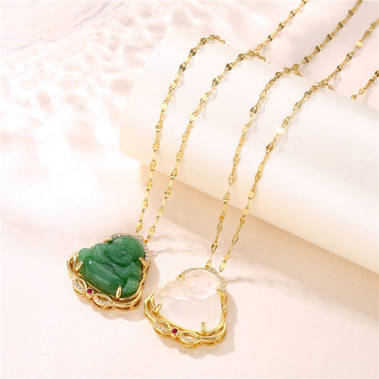 Jade  Natural Laughing Buddha Peace Necklace