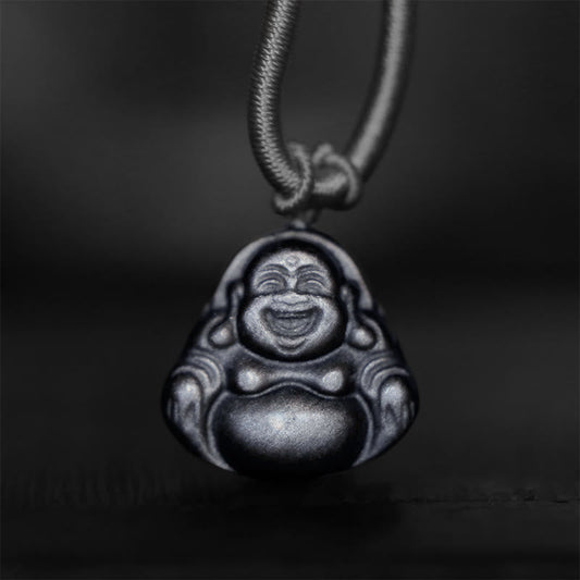 Spirituality Natural Silver Sheen Obsidian Laughing Buddha Protection Necklace Pendant