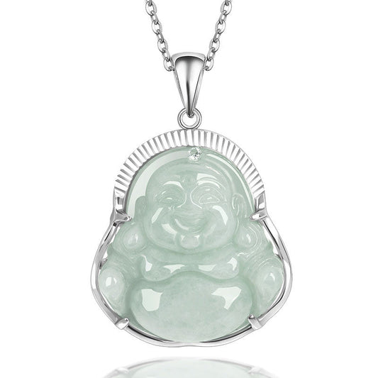 Spirituality 925 Sterling Silver Laughing Buddha Jade Luck Calm Necklace Chain Pendant