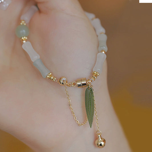 Jade  14K Gold Plated Hetian White Jade Bamboo Leaf Luck Protection Bracelet
