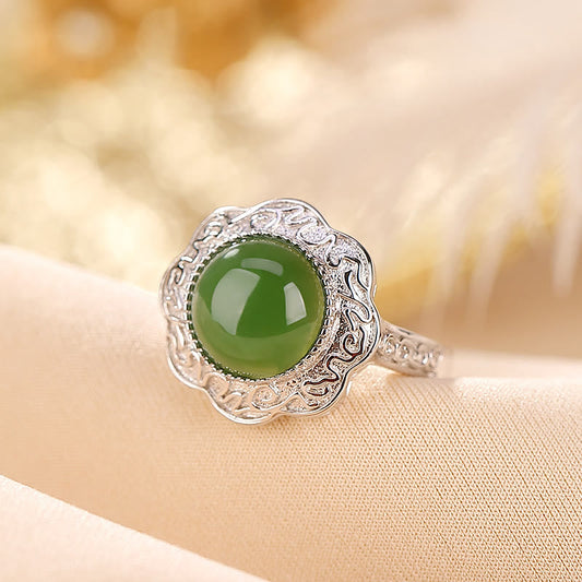 Jade  925 Sterling Silver Hetian Cyan Jade Flower Design Luck Adjustable Ring