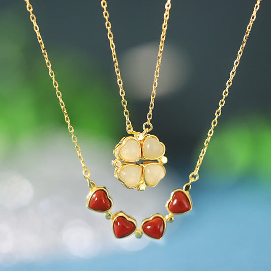 Jade  925 Sterling Silver Four Leaf Clover White Jade Red Agate Abundance Necklace Pendant