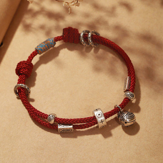 Ancient Tibetan Buddhist Red String Tradition  925 Sterling Silver Gold Swallowing Beast Koi Fish Wealth Handcrafted Braided Bracelet