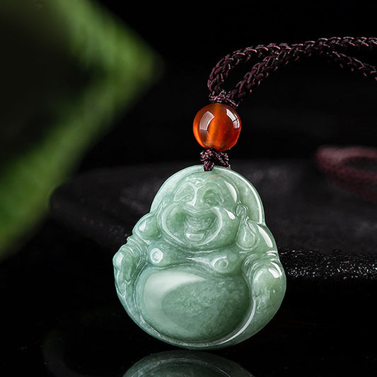 Jade  Laughing Buddha Cyan Jade Success Necklace String Pendant
