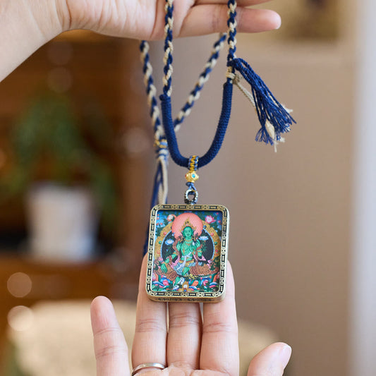 Buddha-Energie-Halskette mit handbemaltem tibetischem grünem Tara-Thangka-Buddha-Schutzanhänger 