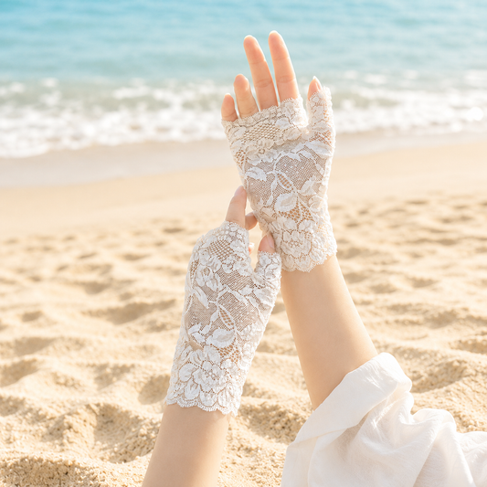 Women’s Summer UV Sun Protection Lace Short Gloves Breathable Fingerless Touchscreen Mittens for Driving Bride Bridesmaid Nail Art