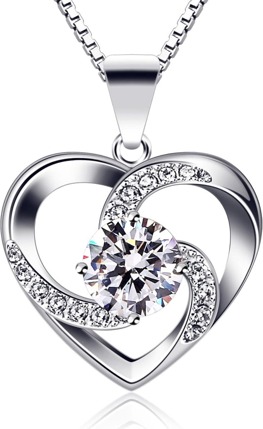 Women's Necklace, 925 Sterling Silver, Heart-shaped Necklace, Set with 5A Cubic Zirconia,Nickel-Free, Gift for Mother's Day/Valentine's Day/Birthday/Back to School, 45cm