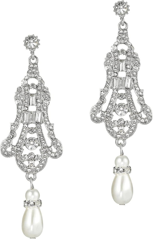 1920s Flapper Art Deco Gatsby Earrings 20s Flapper Gatsby Accessories Vintage Wedding Dangle Pearl Earrings