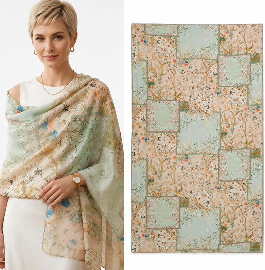 67" x 43“,100% Mulberry Silk Scarf for Women, Large Silk Shawls and Wraps, Luxury Lightweight Sheer Scarf, Floral Bird Print Botanical Wrap,