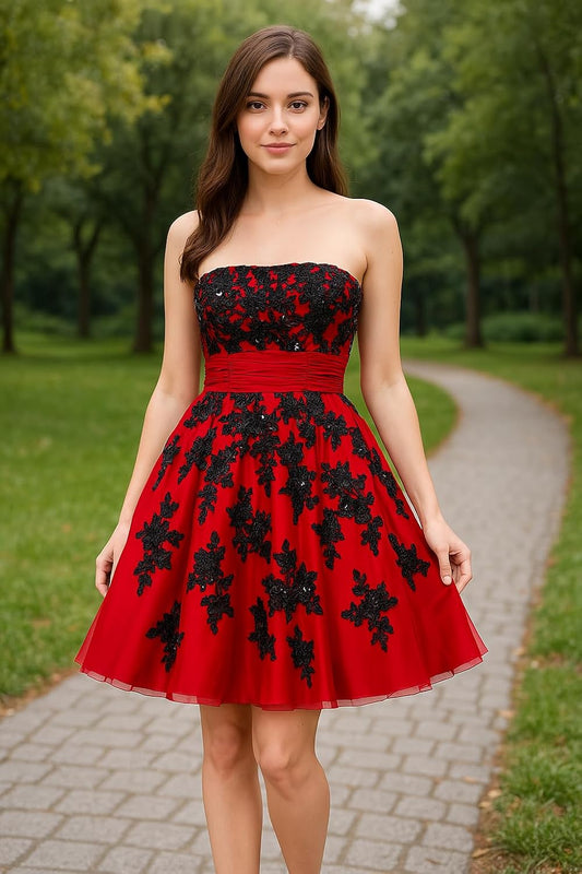 Red Strapless Embroidered Bridesmaid Dress with Black Lace Appliqué, Silver Beading, Built-in Bra and Adjustable Back Lace-Up, Perfect for Cocktail Parties, Formal Events, Prom Gowns,Beach Weddings