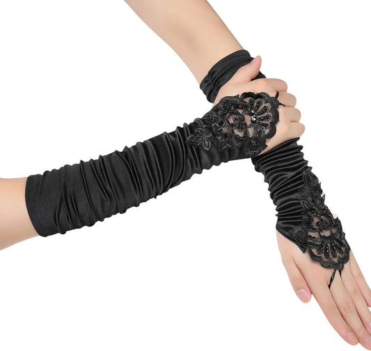 Short Opera Party 20s Fingerless Satin Gloves Tea Party Stretchy Adult Size Elbow Length