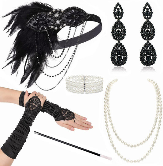 1920s Flapper Accessories Gatsby Costume Accessories Set 20s Flapper Headband Pearl Necklace Gloves Plastic Holder