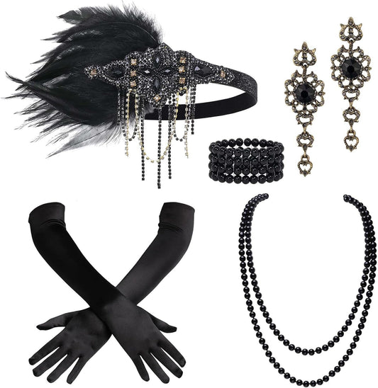 1920s Accessories for Women - Flapper Feather Headband Headpiece for Women Pearl Bracelet Necklace Gloves