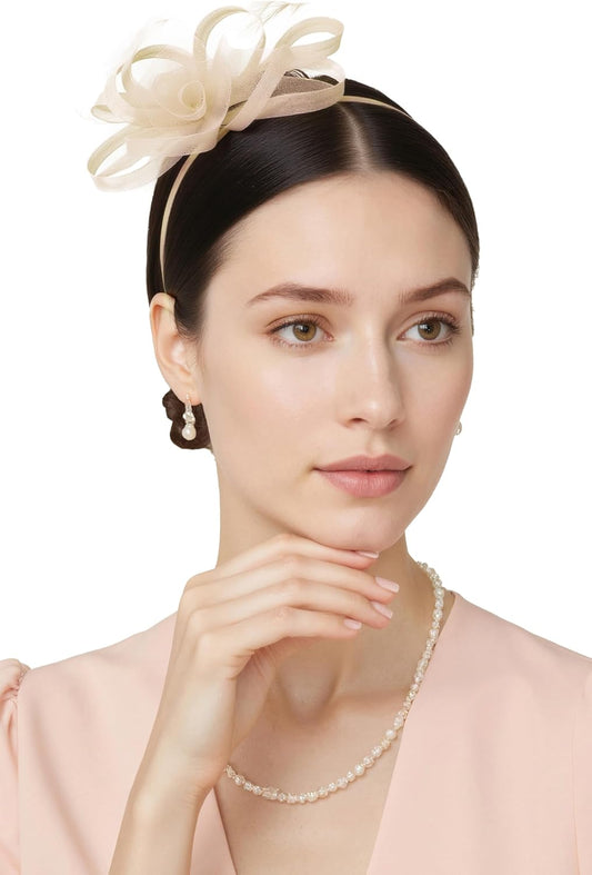 Fascinators Hats for Women - Tea Party Hats Kentucky Elegant Tulle Feather Bridal Wedding Ribbon Headband Hair Clip