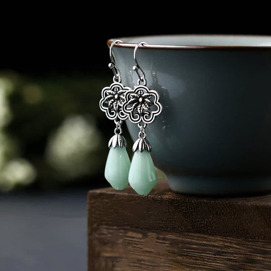 Jade  Magnolia Flower Jade Water Drop Prosperity Dangle Earrings