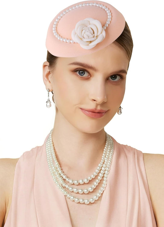 Fascinators Hats for Women - Tea Party Kentucky Fascinator Derby Flower Pillbox Hat with Pearls for Bridal Wedding