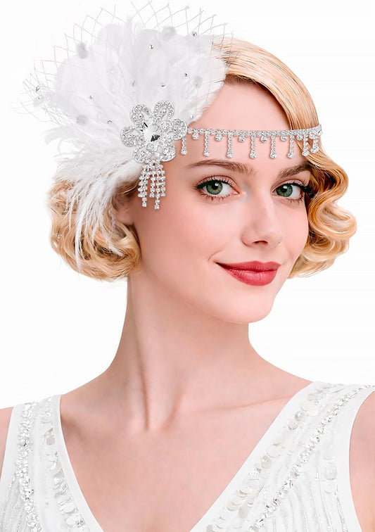 1920s Flapper Feather Headpiece, Great Gatsby Rhinestone Headband with Hair Clip, Vintage Art Deco Party Accessory