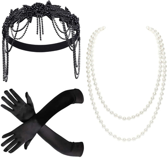 1920s Accessories for Women - Great Gatsby Accessories Flapper Headband Headpiece Pearl Necklace Gloves for Women