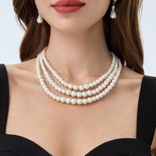 Round Imitation Pearl Necklace Vintage Multi Strands Necklace 20s Flapper Necklace for Party