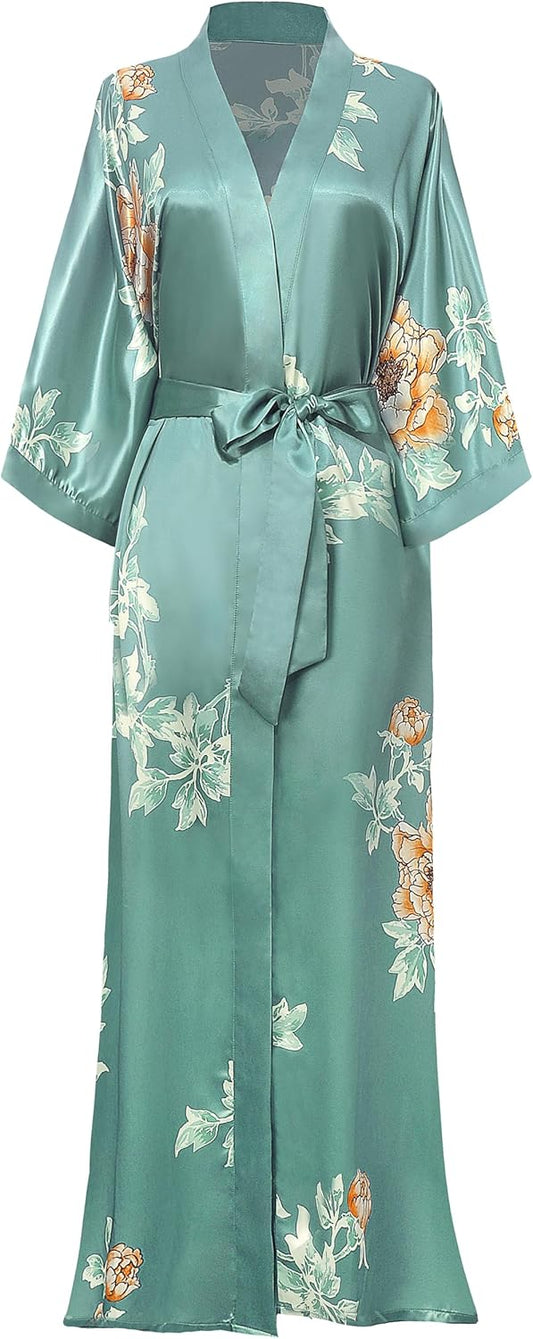 Floral Kimono Robe Satin Silk Wedding Robe 1920s Kimono Nightgown Sleepwear 53 Inches Long