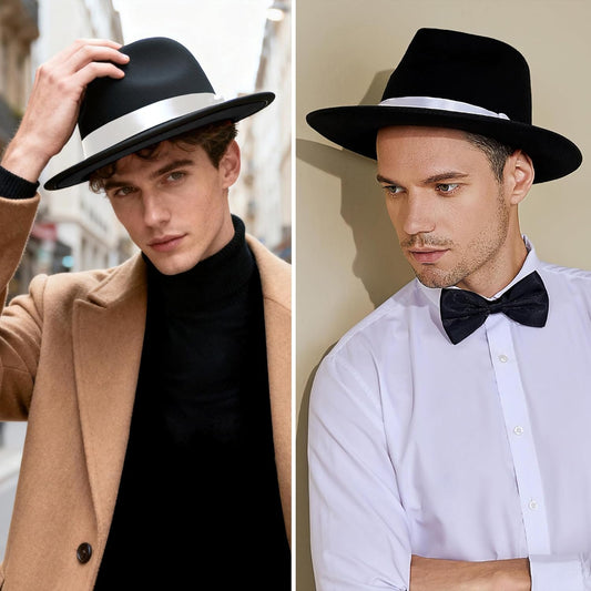 1920s Fedora Hat for Men Gatsby Wide Brim Fedora Hat Felt Panama Cap with Band for Women Men