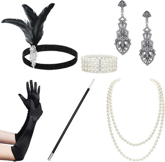 1920s Flapper Accessories Gatsby Costume Accessories Set 20s Flapper Headband Pearl Necklace Gloves Plastic Holder