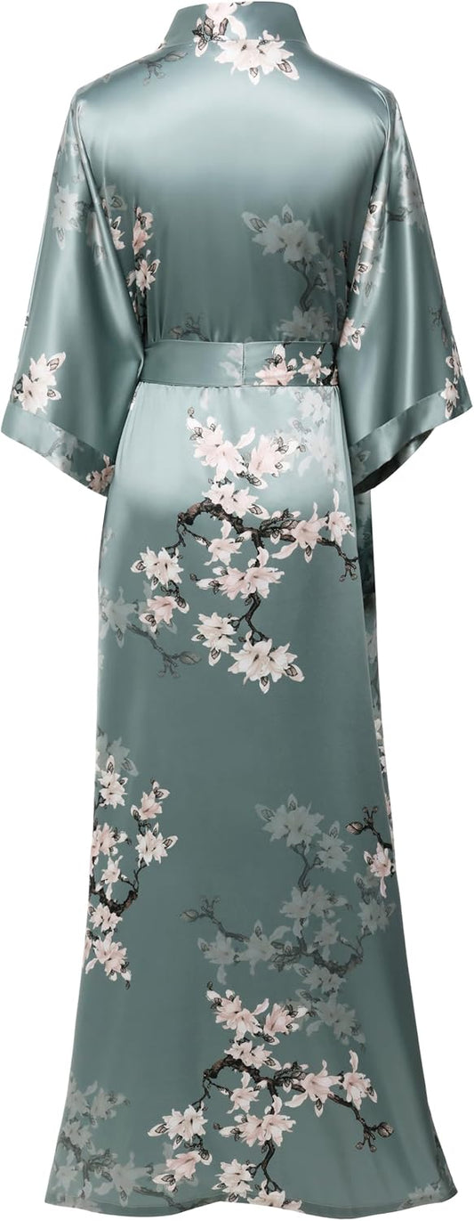 Floral Kimono Robe - Satin Silk Wedding 1920s Women Nightgown Sleepwear - 53 Inches Long