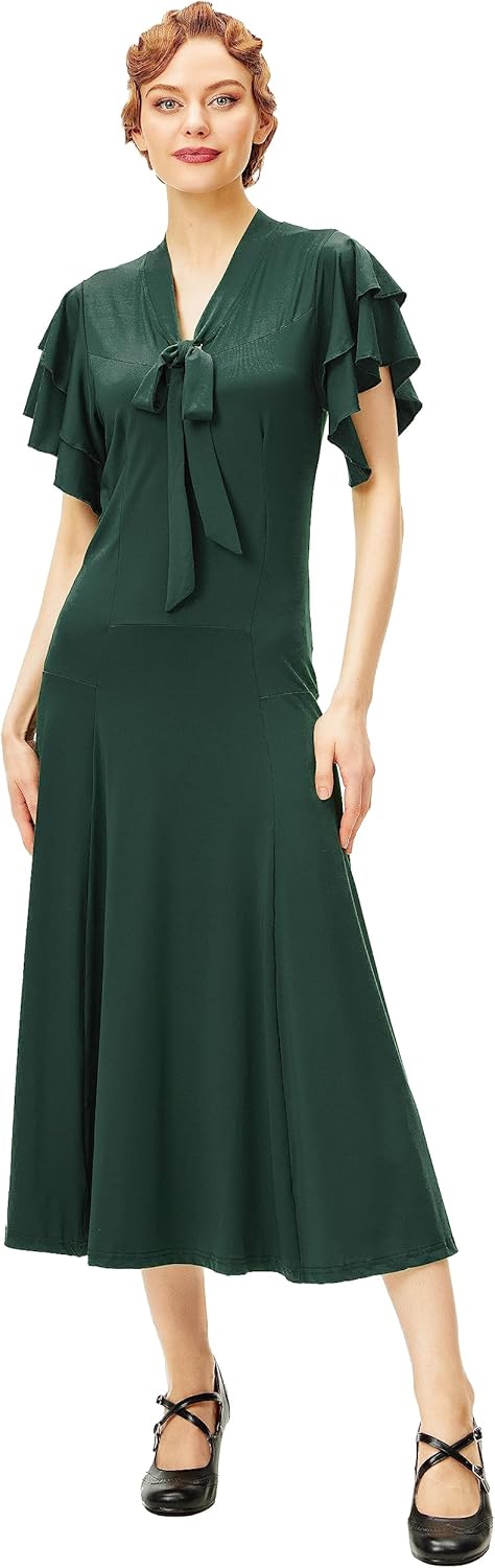 Womens Vintage Flapper Dress 1920s Ruffle Cocktail Party Dresses Tie Neck