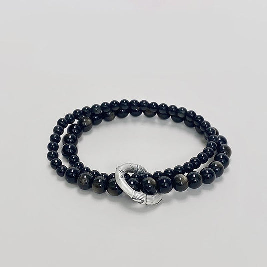 Bracelet double couche en argent sterling 999 et obsidienne noire, symbole de spiritualité, de bouddhisme et de karma, symbolisant l'accomplissement et la force. 