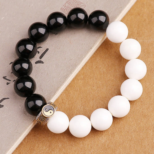 Spiritualität Buddha Karma 925 Sterling Silber Schwarzer Obsidian Weiße Muschel Yin Yang Stärke Armband