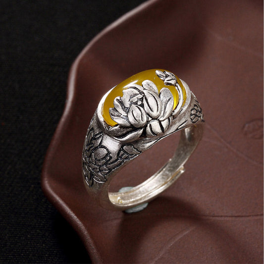 Goldener Energie-Citrin-Silber-Reichtum-Solarplexus-Chakra (drittes Chakra)-Lotus-Segen-Schutz-Verstellbarer Ring