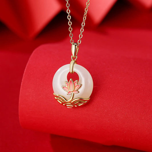 Jade  925 Sterling Silver Hetian White Jade Lotus Flower Blessing Necklace Pendant