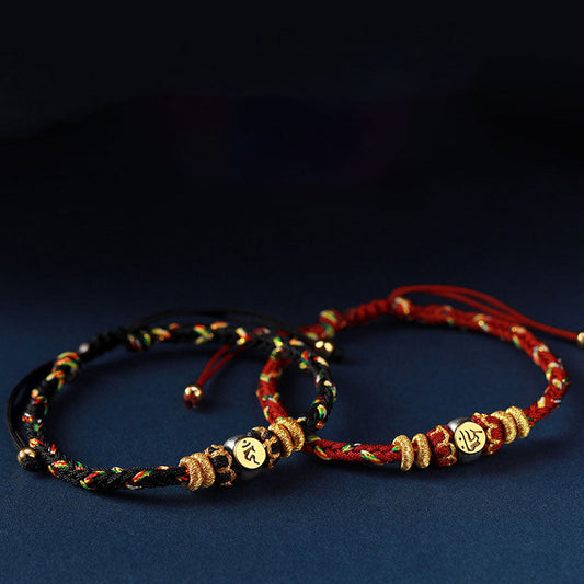 Antikes tibetisch-buddhistisches Armband aus geflochtener Schnur mit roter Schnur, Symbol für den chinesischen Tierkreis und Buddha-Geburtstag, Silber.
