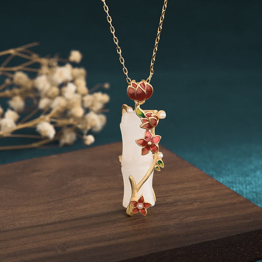 Jade  White Jade Bamboo Lotus Flowers Luck Protection Necklace Pendant