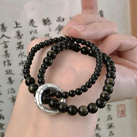 Bracelet double couche en argent sterling 999 et obsidienne noire, symbole de spiritualité, de bouddhisme et de karma, symbolisant l'accomplissement et la force. 