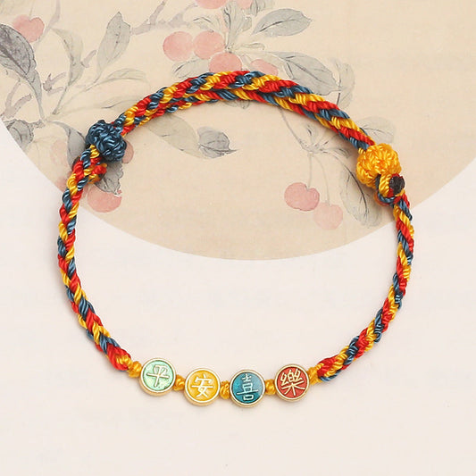 Alte tibetisch-buddhistische Tradition: Handgefertigtes Armband aus rotem Garn in Dunhuang-Farben – Symbol für Frieden, Freude und Schutz 