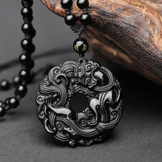 Spiritualität Buddha Karma Natürlicher Schwarzer Obsidian Friedensschnalle Pixiu Reinigungshalskette Anhänger 