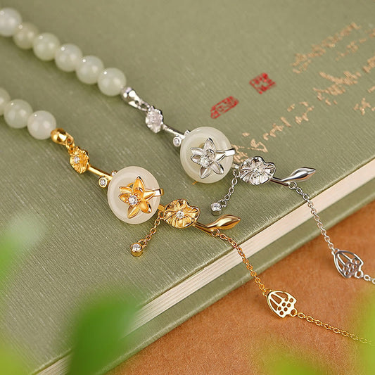 Jade  925 Sterling Silver Hetian Jade Peace Buckle Lotus Luck Chain Bracelet